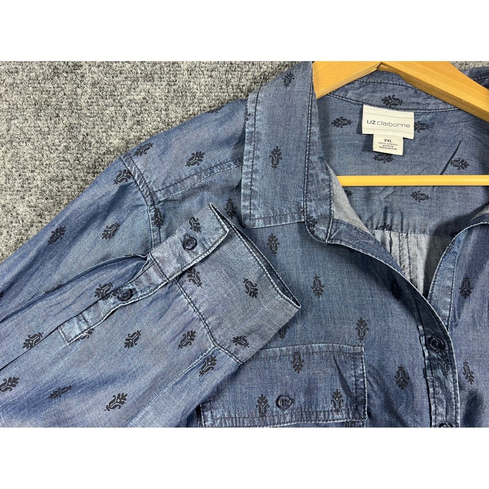 Liz Claiborne XXL Blue Chambray Fleur De Lis Henley Blouse Long Sleeve Top